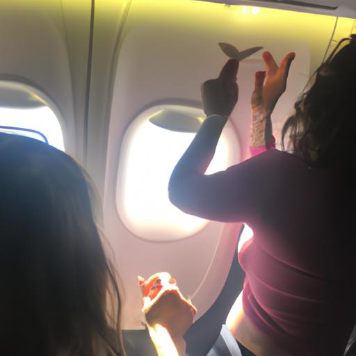 Uma foto real retratando uma lady causando tumulto em um avião