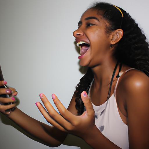 Uma foto capturando o momento do vídeo viral, mostrando a garota de Nova Iguaçu se expressando com entusiasmo.